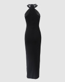 Hanging neck rhinestone sleeveless slit dress