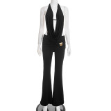 Hanging neck, swinging collar, exposed back, tied rope top, metal buckle, slightly flared pants two-piece set