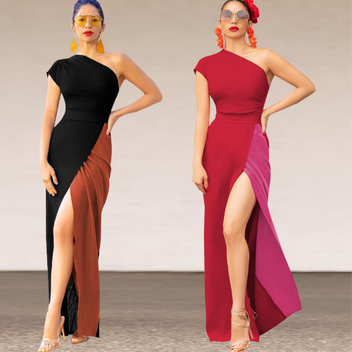 Color blocked one shoulder long dress