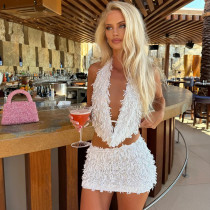 Hanging neck deep V-neck short skirt set