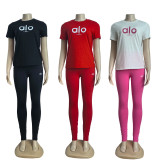 Round neck short sleeved top+high stretch quick drying yoga pants set