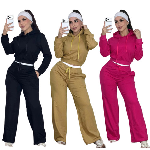 Embroidered letter zipper sweatshirt, double waisted wide leg pants, sports suit