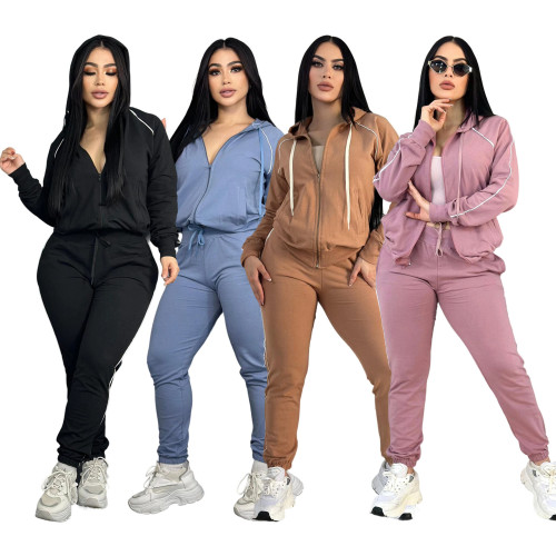 Embroidered letter zipper sweatshirt with multiple pockets and ankle cuffs, sports suit