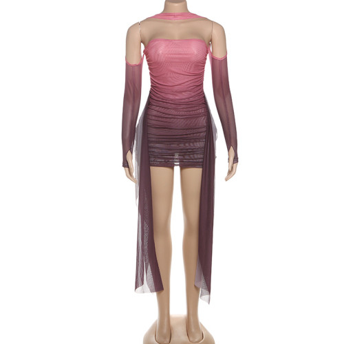 Hanging neck sleeve, pleated sleeve, strapless strap, hip hugging short skirt set