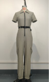 Zipper workwear jumpsuit short sleeved lapel multi pocket waistband jumpsuit