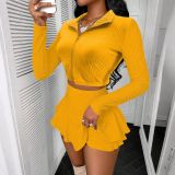 Zipper short top, ruffle edge pants skirt, half skirt set