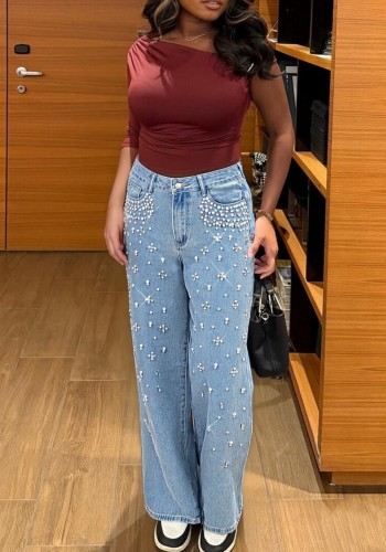 Straight solid color washed water bubble bead bound diamond jeans