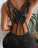 Back butterfly hollow sparkling elastic dress