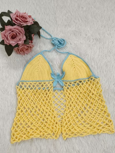 Yellow blue contrasting starfish crochet bikini hand woven top