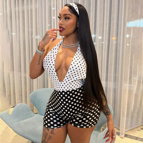 Color blocked polka dot print hanging neck backless jumpsuit