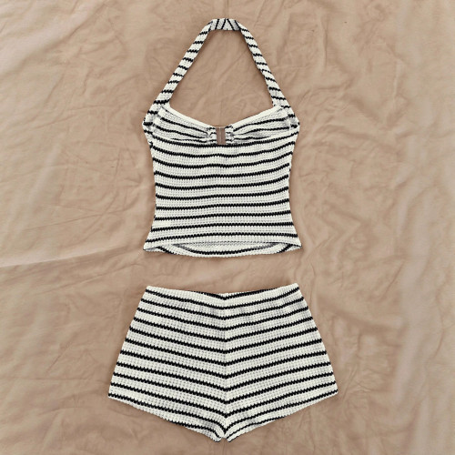 Black and white striped bikini boxer shorts set