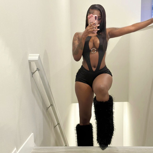 Hollow out backless lace up shorts, hip hugging shorts, hanging neck jumpsuit
