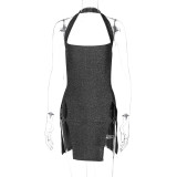 Hanging neck slit shiny silk wrapped hip dress