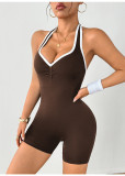 Hanging neck and beautiful back one-piece yoga suit with peach collar and one-piece shorts