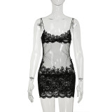 Mesh lace perspective camisole skirt V-neck high waist hip hugging skirt short skirt