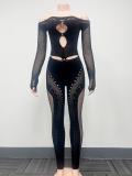 Long sleeved hollowed out one shoulder knitted jumpsuit