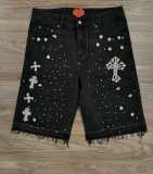 Cross straight tube rhinestone five quarter denim shorts