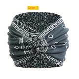 Printed headband, sports makeup, tied hair, crossed wide edge headband