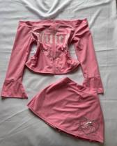 Hot stamping one shoulder cardigan and short skirt set