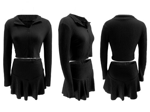 Zipper short top, ruffle edge pants skirt, half skirt set