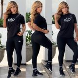Round neck short sleeved top+high stretch quick drying yoga pants set