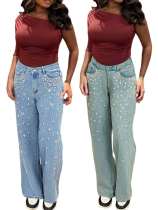 Straight solid color washed water bubble bead bound diamond jeans