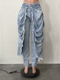 Fake two pleated and fringed jeans