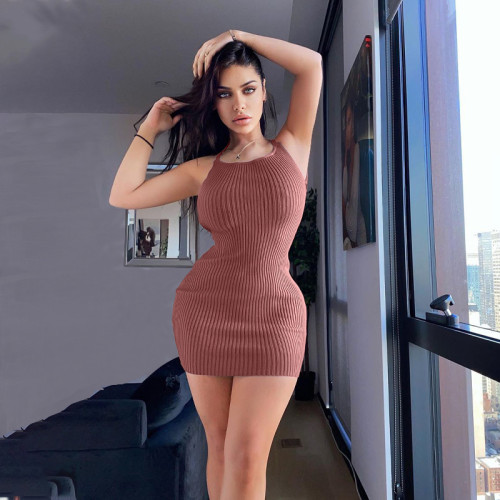 Knitted camisole wrapped hip dress