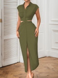 Hollow waist cinched stand up collar cardigan dress with exposed waist