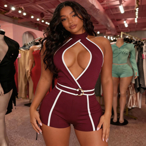 Color blocking neck strap jumpsuit shorts