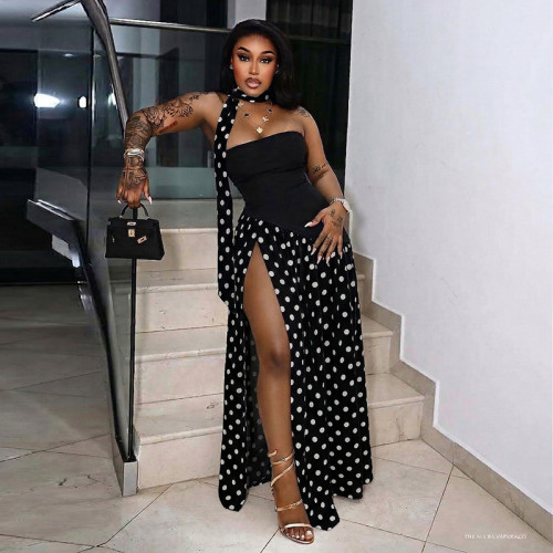Splicing polka dot neck strap strapless high slit dress