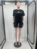 Embossed embroidery bubble bead pants rope short sleeved shorts set
