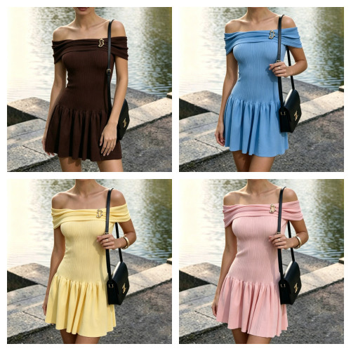 One shoulder lotus leaf edge button knit dress