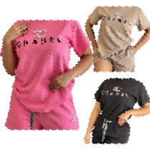 Embossed embroidery bubble bead pants rope short sleeved shorts set