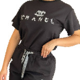 Embossed embroidery bubble bead pants rope short sleeved shorts set