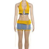 Knitted color blocked hanging neck vest short skirt set