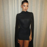 Round neck mesh spliced high waisted dress