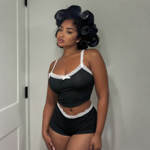 Strap top lace lace low waisted shorts set