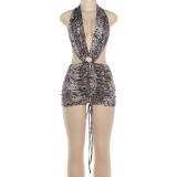 Deep V-neck halter neck backless snake print bag hip dress