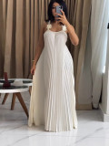Strap revealing back pressure pleated dress, long skirt A1037588693246