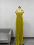 Strap revealing back pressure pleated dress, long skirt A1037588693246