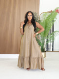 Loose lapel buckle sleeveless ruffle edge skirt