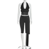 Sleeveless neck hanging lace camisole top and cropped pants set