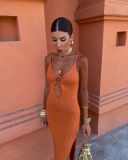 Backless open metal buckle knitted suspender dress