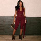 Sleeveless neck hanging lace camisole top and cropped pants set