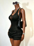 Backless hanging neck pleated jumpsuit