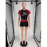 Printed leopard print patchwork short sleeved sports shorts two-piece set
