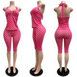 Elastic wave dot printed neck hanging deep V set