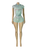 Waffle Hooded Zipper Top Drawstring Shorts Two Piece Set