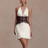 Short deep V-stitch neck and waist cinching dress